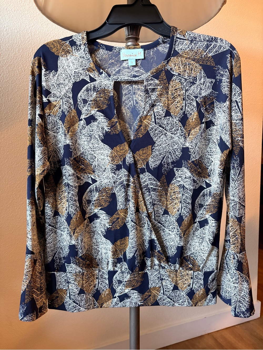 Veronica M Leaf Print Keyhole Wrap Blouse Navy Gold Size S